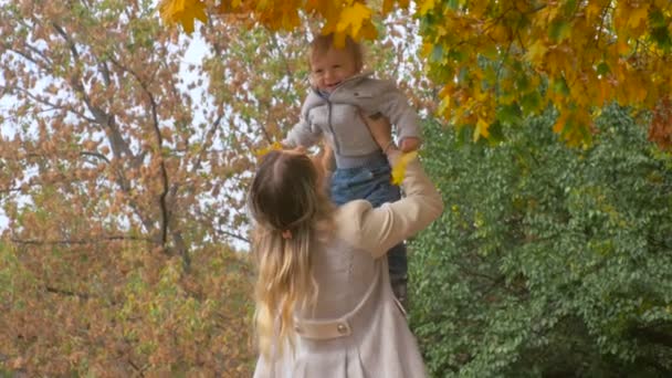 4k Filmmaterial von glücklicher junger Mutter, die ihren niedlichen kleinen Sohn im Herbstpark hält und spielt — Stockvideo