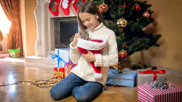 Jolie fille en pull posant avec chaton gris sous le tre de Noël — Photo