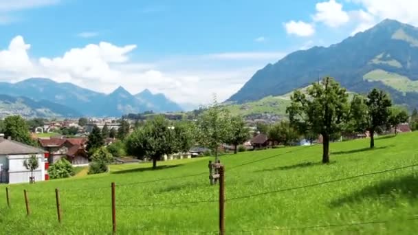 Кадры из поезда красивых зеленых холмов и ферм в Швейцарии — стоковое видео