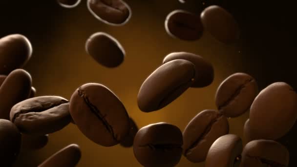 3d closeup animation of roasted coffee beans slowly falling. Seamless looping footage — Stock Video