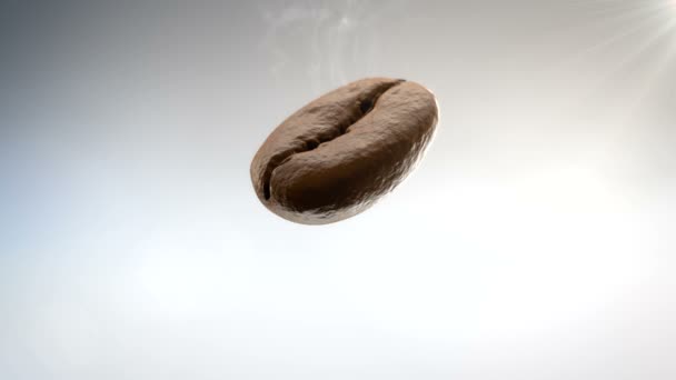 Крупним планом 3D відео CGI гарячого смаженого кавового зерна, що летить в повітрі і розсипається на шматки миттєвого кавового пилу — стокове відео