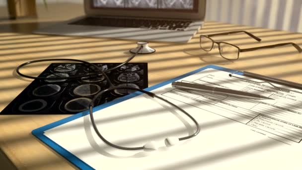Vídeo CGI 3D de la cámara que se mueve a lo largo de la mesa en el consultorio médico con escaneos de rayos X, estetoscopio y computadora portátil — Vídeo de stock