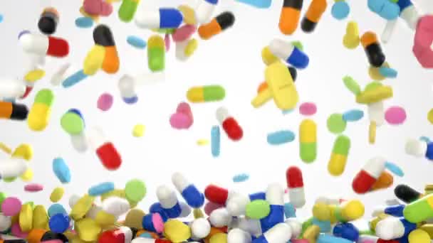 3D CGI video of of colorful pills and tablets falling over white background and covering screen