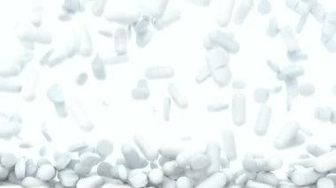 tıbbi hapları ve beyaz arka plan üzerinde düşen ve ekran kapsayan tablet 3D CGI görüntüleri. Mükemmel için ilaç veya ilaçlar video