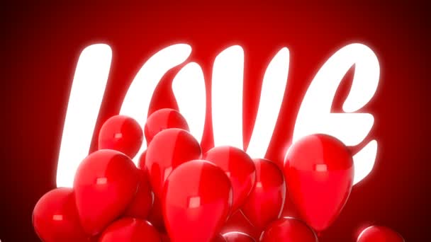 Vídeo CGI 3D de globos rojos volando sobre la palabra amor. Animación perfecta para el día de San Valentín — Vídeo de stock