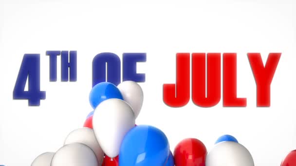 Vídeo CGI 3D de globos de colores volando sobre saludos con 4 de julio. Animación perfecta para el Día de la Independencia de EE.UU. — Vídeo de stock