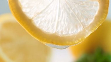Closeup ağır çekim görüntüleri üzerinden yavaş yavaş damlayan bal arkadan aydınlatmalı limon dilim ince
