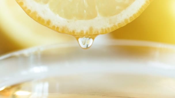 Closeup vídeo em câmera lenta de gota de suco caindo de fatia de limão em gla — Vídeo de Stock