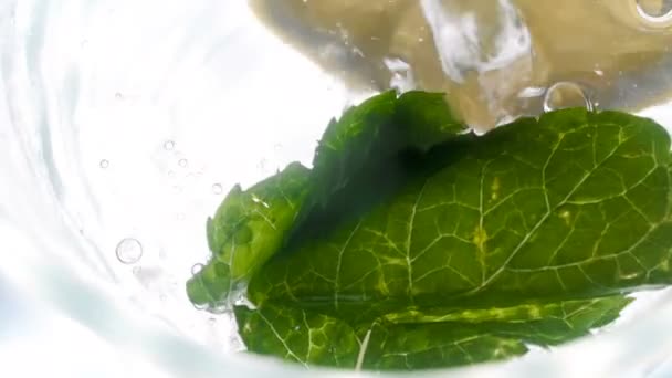 Lento movimiento de vidrio fillling con limones, menta y hielo con agua fría. Preparación de cóctel o limonada — Vídeos de Stock