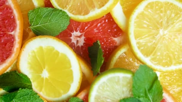 Imágenes en cámara lenta de la cámara moviéndose sobre rodajas de naranjas, limones y pomelos cubiertos con hojas de menta — Vídeos de Stock