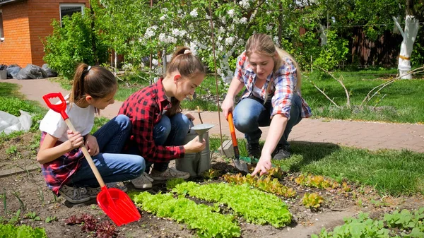 Happy family working in garden at sunny day — Stock Photo, Image