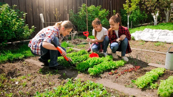 Jovem feliz com filhas plantando sementes no jardim — Fotografia de Stock
