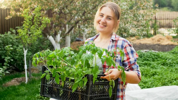 Portret van de jonge vrouw bedrijf krat met plant glimlachend spruiten — Stockfoto