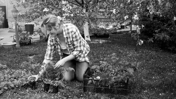 Black and white photo of young woman gardening at backyard — Stock Photo, Image