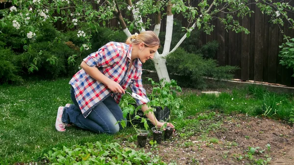 Vackra leende kvinna som arbetar i trädgården — Stockfoto