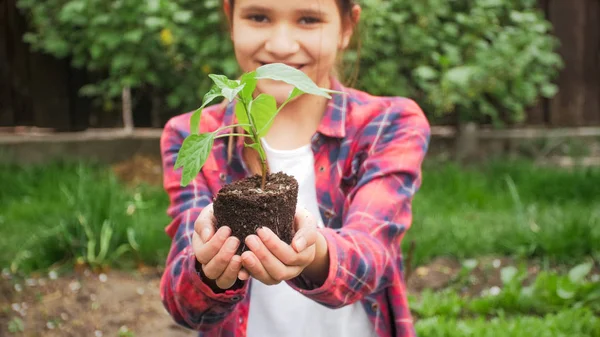 Foto de primer plano de una niña sonriente sosteniendo plántulas con tierra en las manos — Foto de Stock