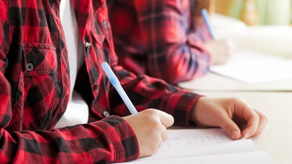 Primer plano de dos hermanas escribiendo deberes con bolígrafos —  Fotos de Stock
