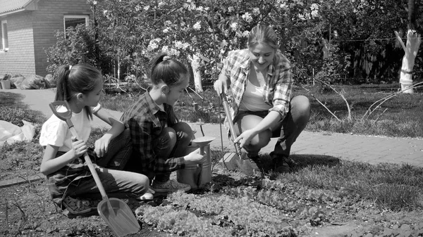 Black and white photo happy family working in garden at sunny day — Stock Photo, Image