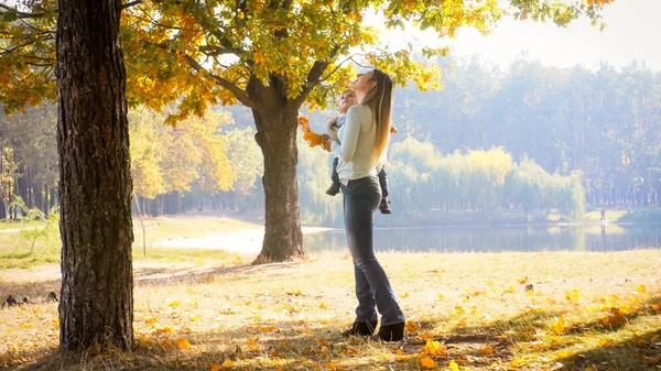 Hermosa madre joven abrazando a su niño pequeño y mirando los árboles de otoño en el parque — Foto de Stock