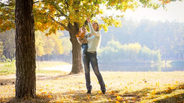 Allegro giovane madre abbracciando il suo ragazzo bambino di 1 anno e mostrandogli le foglie sugli alberi autunnali al parco — Foto Stock