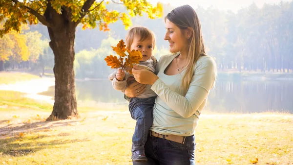 Portret van mooie jonge moeder met haar kleuter jongen in herfst park — Stockfoto