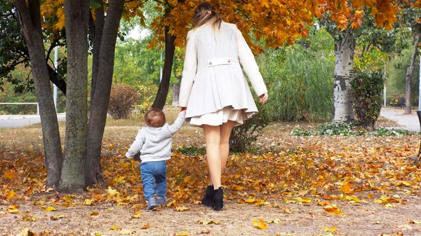 Rear view image of beautiful mother holding her toddler by hand and walking at autumn forest — Stock Photo, Image