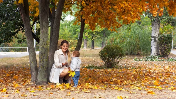 Jovem mãe alegre com seu menino brincando no parque de outono — Fotografia de Stock