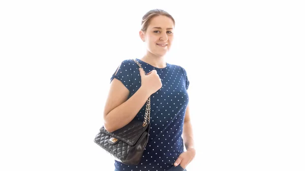 Isoliertes Porträt einer schönen jungen Frau mit Ledertasche — Stockfoto