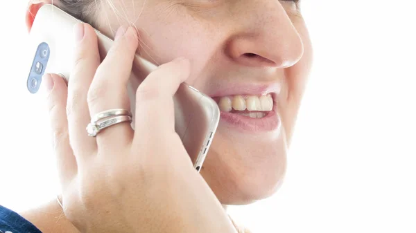 Closeup portrait of female mouth talking by mobile phone — Stock Photo, Image