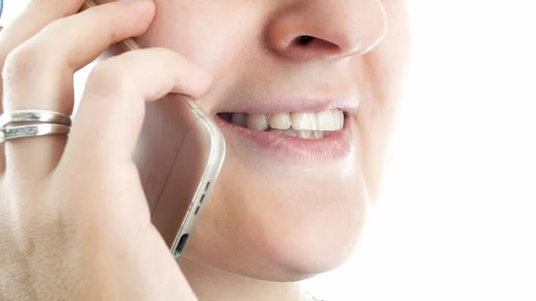 Isolated closeup portrait of young woman with perfect smile talking by phone — Stock Photo, Image