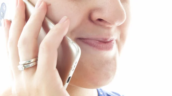 Closeup image of young woman talking by mobile phone — Stock Photo, Image