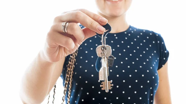 Isolated closeup photo of young woman holsing keys from new apartment — Stock Photo, Image
