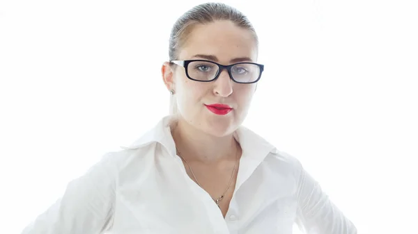 Potret terisolasi dari wanita cantik pengusaha dengan lipstik merah — Stok Foto