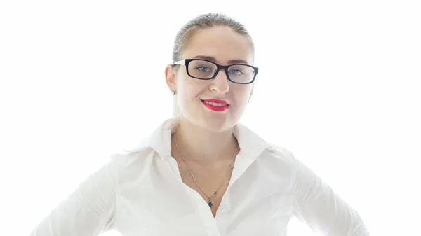 Retrato sobre fondo blanco de mujer sexy con lápiz labial rojo con gafas —  Fotos de Stock