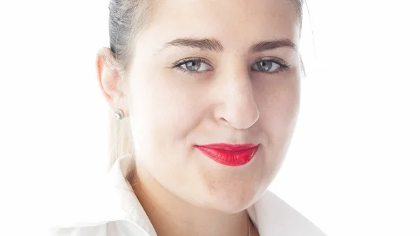 Closeup isolated portrait of beautiful young woman with red lipstick and white shirt — Stock Photo, Image