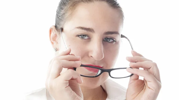 Closeup isolated portrait of sexy young woman in white shirt wearing eyeglasses — Stock Photo, Image