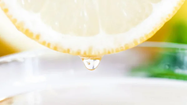 Imagem macro de suculenta fatia de limão sobre xícara com chá quente — Fotografia de Stock