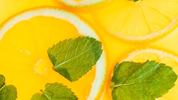 Macro foto de hojas de menta tumbadas en rodajas de naranja sobre fondo naranja — Foto de Stock