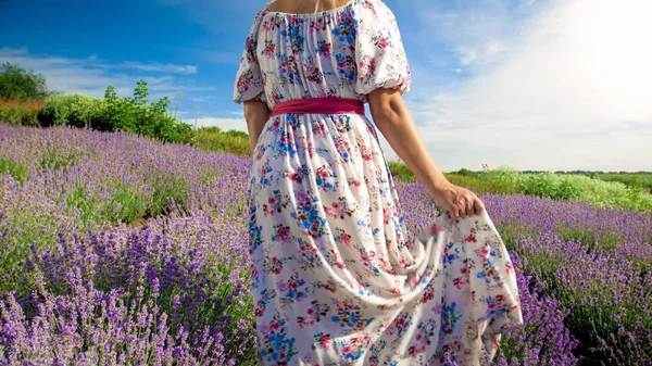 Vedere spate de închidere fotografie de femeie tânără în rochie lungă de mers pe jos la câmp de lavandă — Fotografie, imagine de stoc