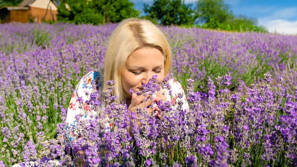 Retrato de cerca de una joven rubia oliendo flores de lavanda en el campo — Foto de Stock