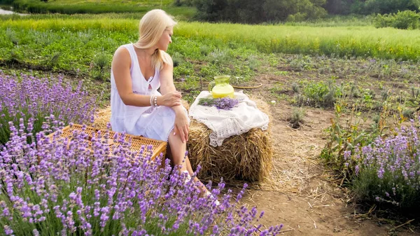 Lavanta alanında güneşli gün oturan genç romantik kadın — Stok fotoğraf