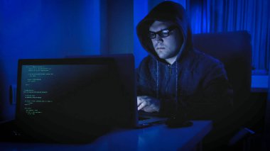 Karanlık odada oturan ve bilgisayarda çalışarak Kapşonlu erkek hacker portresi