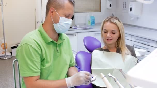 4 k πλάνα του οδοντιάτρου που εγγράφως συνταγή σε γυναίκα ασθενή του — Αρχείο Βίντεο