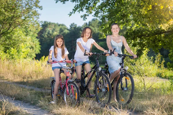 Молодая улыбающаяся мать едет на велосипеде с двумя дочерьми на поле — стоковое фото
