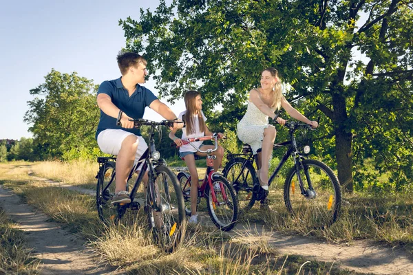 Tónovaný obraz šťastný usměvavé rodiny pro zábavu a ježdění na kolech v oblasti — Stock fotografie