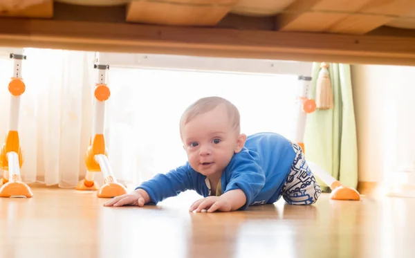 Porträtt av söt småbarn pojke kryper på golvet och titta under sängen — Stockfoto
