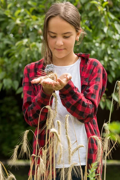 Closeup toned image of teenage girl holding ripe wheat in hands — Stock Photo, Image