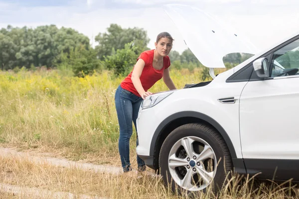 Toned image of sad woman with broken car in field — Stock Photo, Image