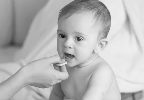 Fekete-fehér portré Vértes anya cookie-kat ad neki a kisfiú — Stock Fotó
