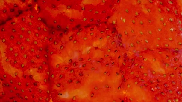 Imágenes de Macro 4k de fresas exprimidas y trituradas. Fondo abstracto perfecto para alimentos orgánicos y una nutrición saludable. Primer plano del jugo que sale de las bayas — Vídeos de Stock